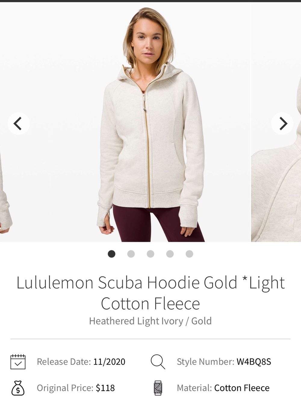 lululemon athletica Scuba Hoodie - Heathered Light Ivory with Gold Zip